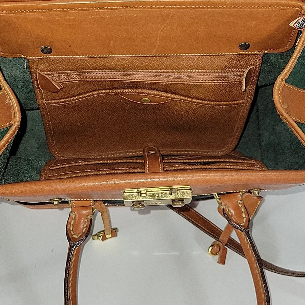 Vintage Dooney & Bourke Green Pebbled Leather Satchel with Tan Trim and Handles